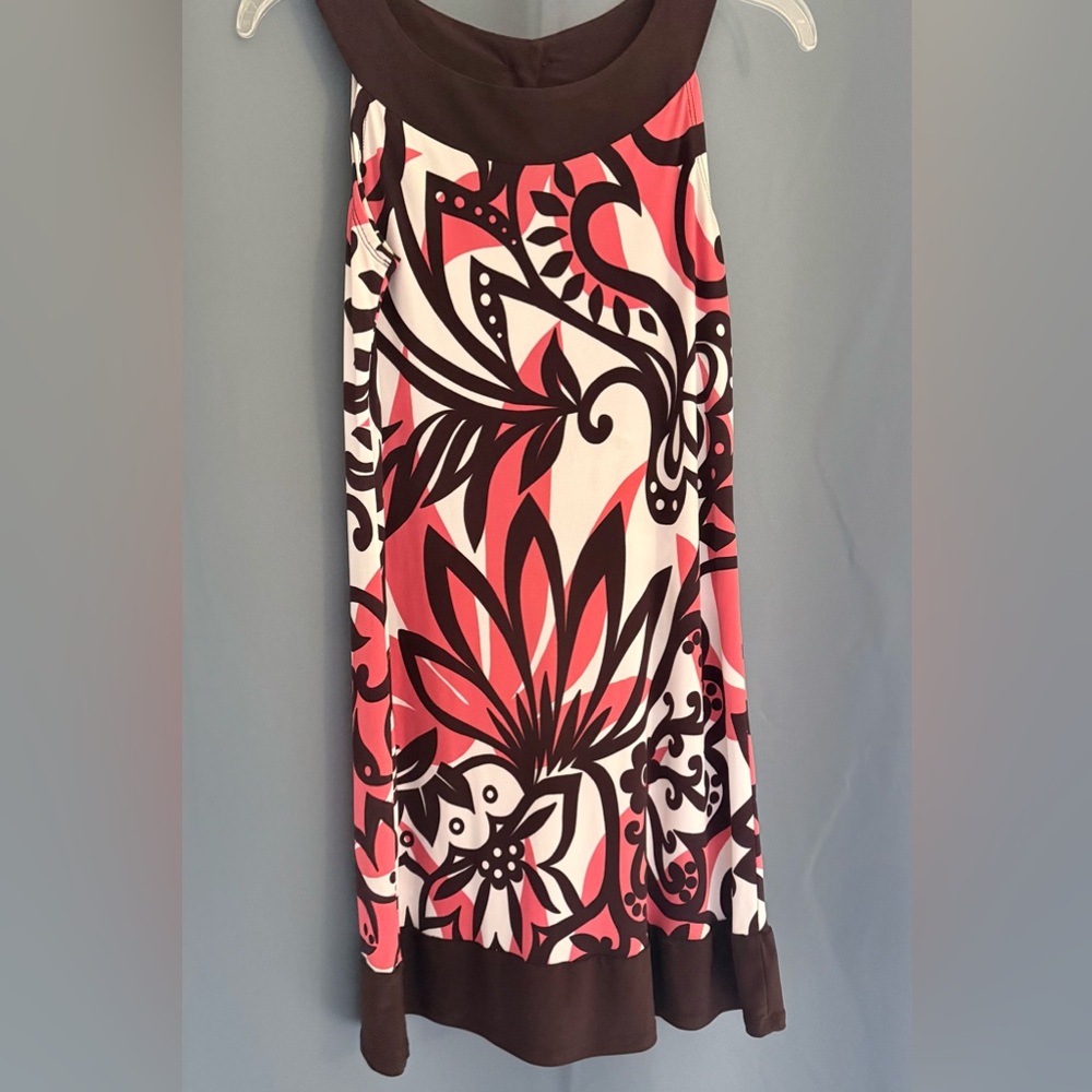 Vintage Floral Mini Dress – White, Brown & Coral | Size 3/4 | Retro Style